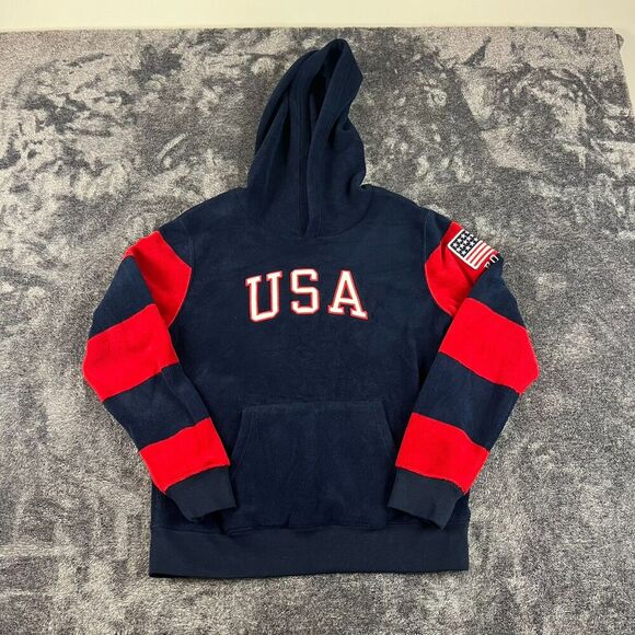 Polo Ralph Lauren Fleece Hoodie USA Flag Spellout Youth L Striped Navy Blue - Picture 1 of 10